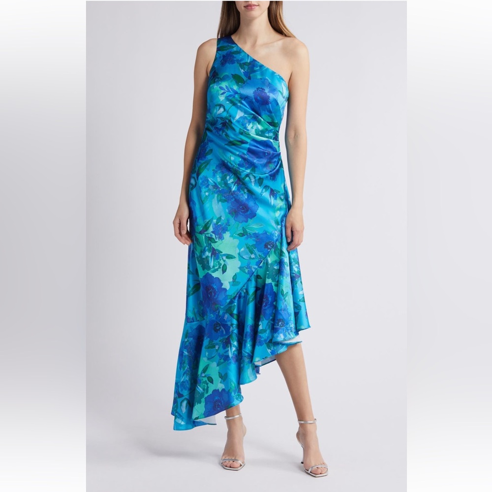 Eliza J One-Shoulder Blue Floral Satin Dress
